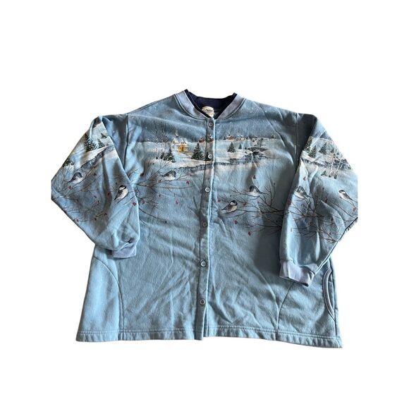 Vintage 90s plus sized winter bird Christmas button down sweatshirt cardigan - Picture 1 of 6
